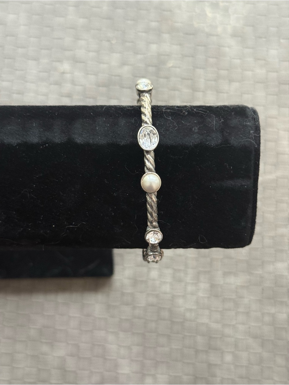 Brighton Silver Tone Twisted Cuff Bracelet with Crystals and Pearl